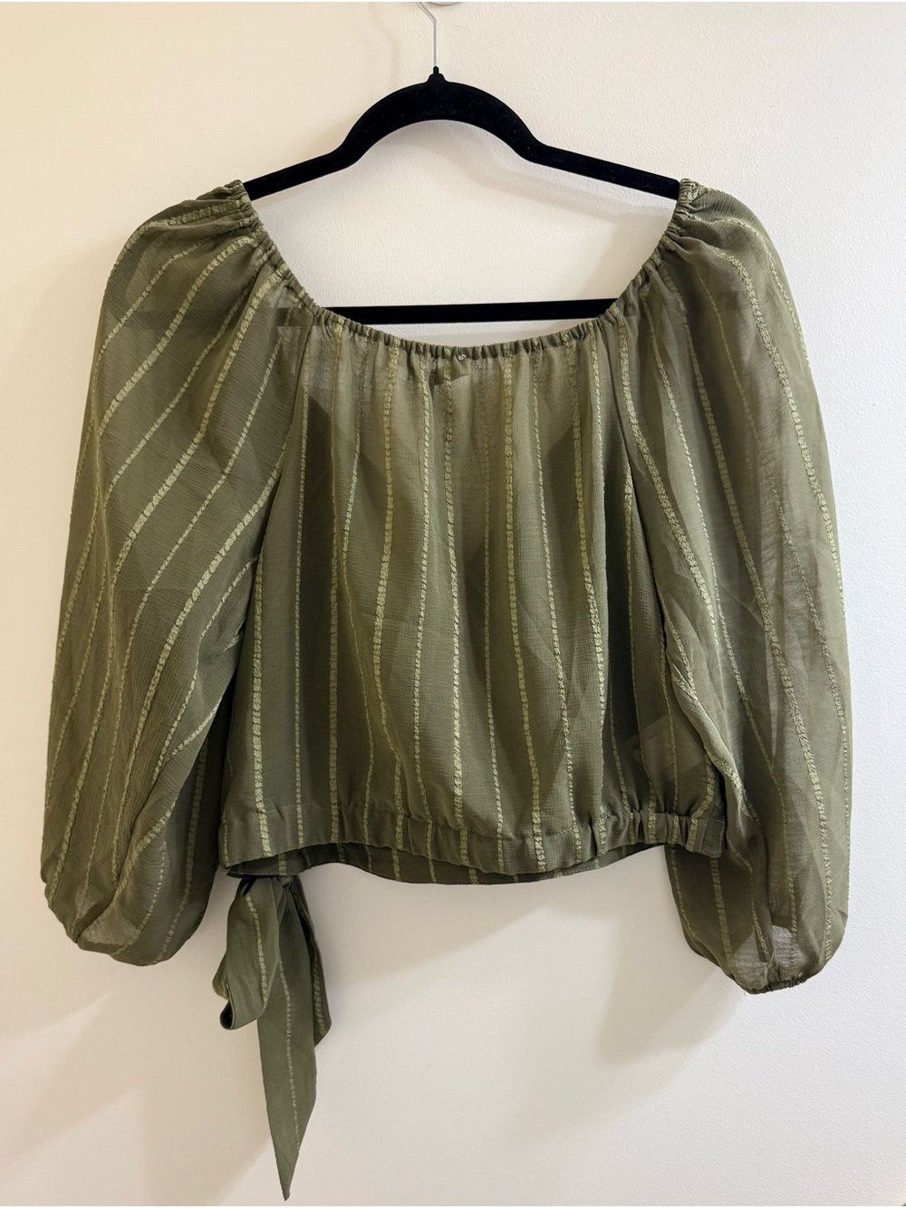 NWT BCBGeneration Olive Green Dobby Stripe Wrap Crop Blouse Small - Picture 4 of 13